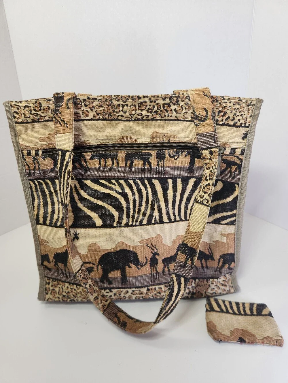 Jade Safari Animal Print Tapestry Zip Purse Tote Bag w/ Coin Purse Pockets